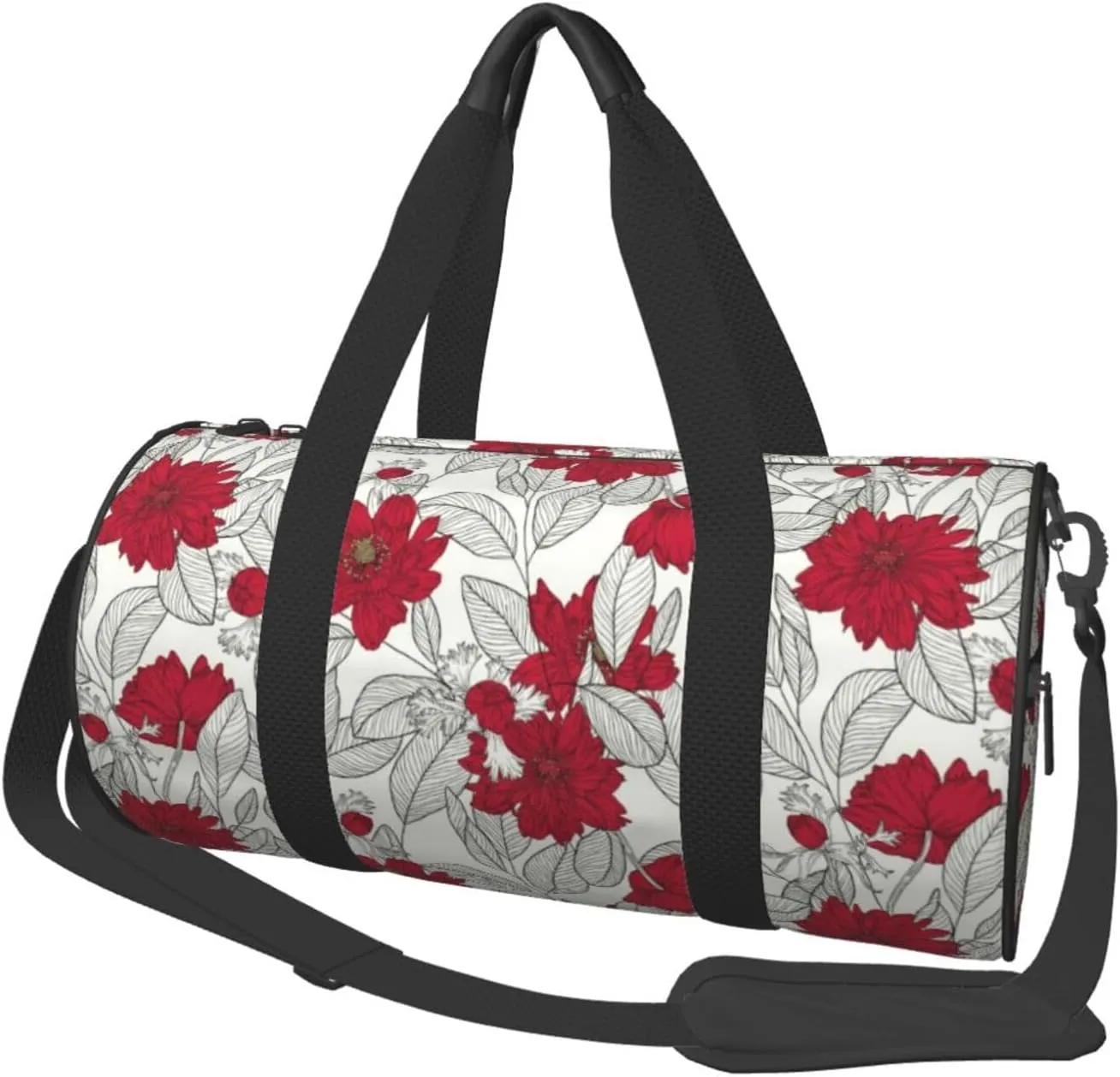 Large Duffle Bag for Travel - Leaves And Anemone Flowers In Red Grey Gym Bag for Women Men, Foldable Travel Bags for Women Men with Zippered Multiple Pockets
