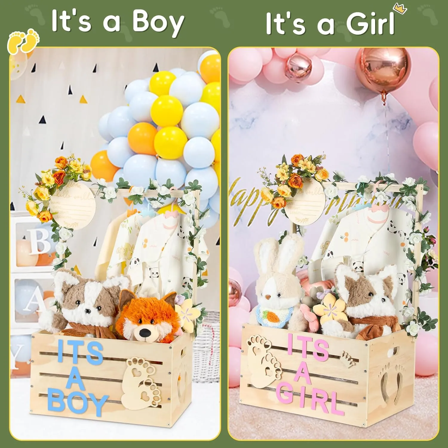 Large Wooden Baby Shower Crate Closet, Customizable Baby Shower Basket with Handle and Garland, New Born Baby Girl Boy Crate Box for Baby Shower, Pregnancy Gifts for New Mom Parents