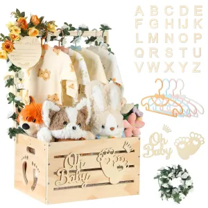 Large Wooden Baby Shower Crate Closet, Customizable Baby Shower Basket with Handle and Garland, New Born Baby Girl Boy Crate Box for Baby Shower, Pregnancy Gifts for New Mom Parents