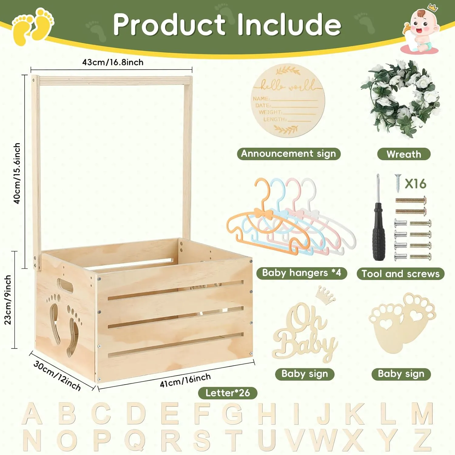Large Wooden Baby Shower Crate Closet, Customizable Baby Shower Basket with Handle and Garland, New Born Baby Girl Boy Crate Box for Baby Shower, Pregnancy Gifts for New Mom Parents