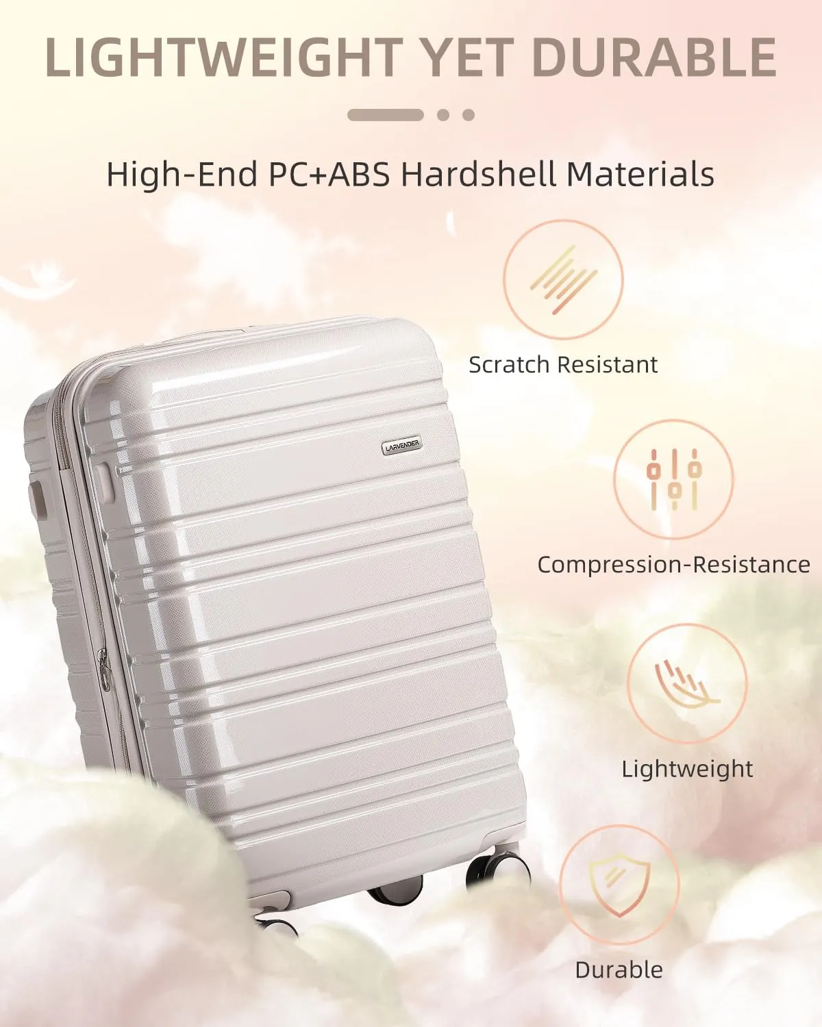 LARVENDER Carry on Luggage 22x14x9 Airline Approved, 20 Inch Hardside Suitcase with Wheels TSA Lock, PC ABS Lightweight Travel Luggage Sets for Women, Glossy Champagne, 3 Piece Set