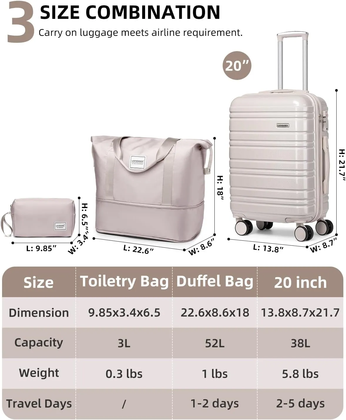 LARVENDER Carry on Luggage 22x14x9 Airline Approved, 20 Inch Hardside Suitcase with Wheels TSA Lock, PC ABS Lightweight Travel Luggage Sets for Women, Glossy Champagne, 3 Piece Set
