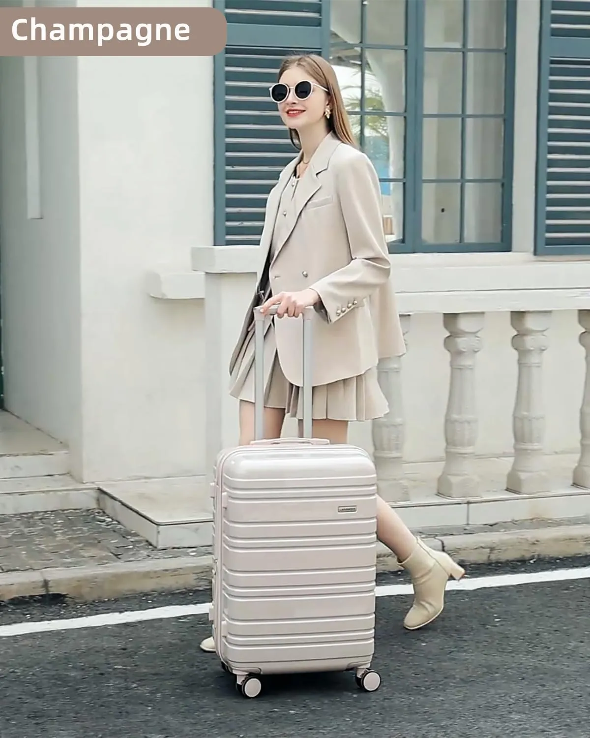 LARVENDER Carry on Luggage 22x14x9 Airline Approved, 20 Inch Hardside Suitcase with Wheels TSA Lock, PC ABS Lightweight Travel Luggage Sets for Women, Glossy Champagne, 3 Piece Set