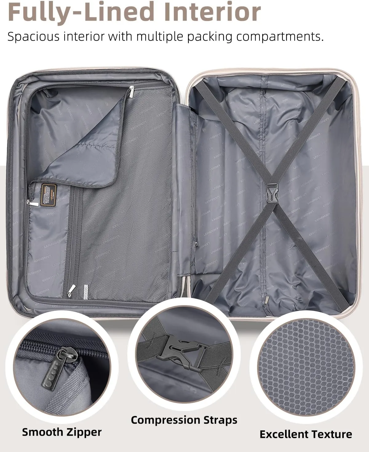 LARVENDER Carry on Luggage 22x14x9 Airline Approved, 20 Inch Hardside Suitcase with Wheels TSA Lock, PC ABS Lightweight Travel Luggage Sets for Women, Glossy Champagne, 3 Piece Set
