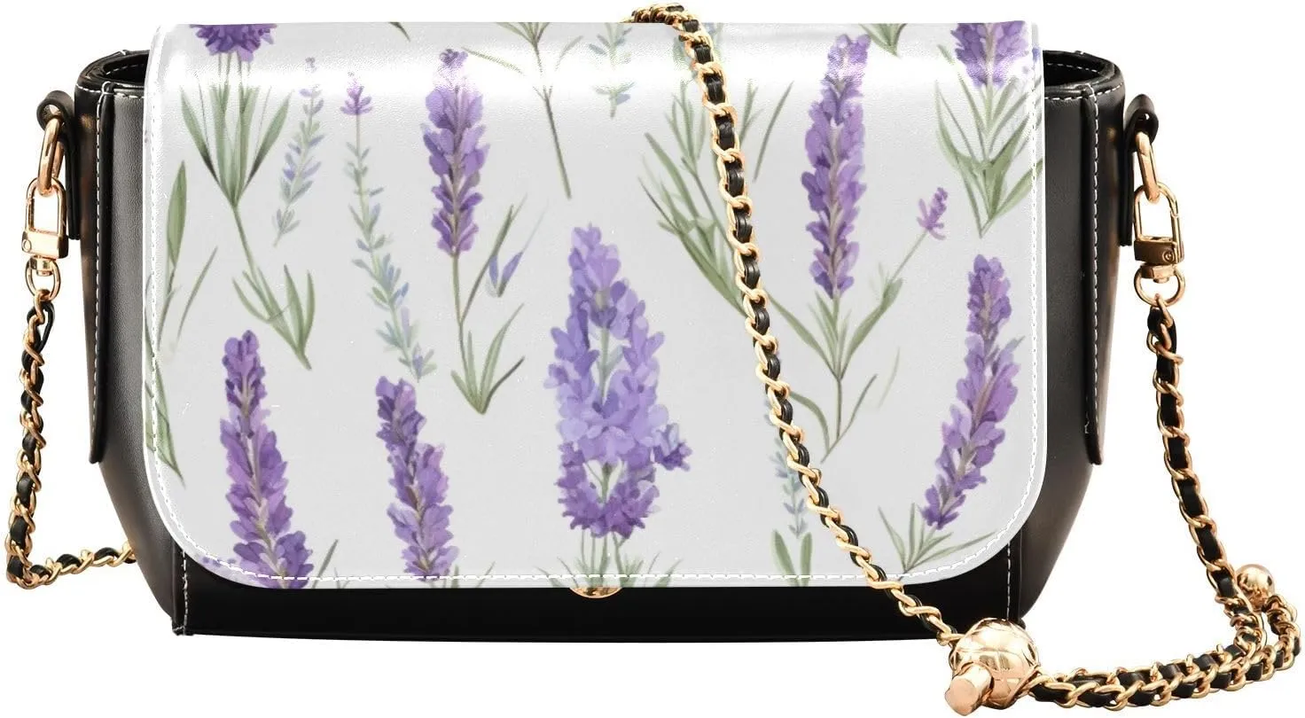 Lavender Flowers on White Leather Crossbody Bags for Women, Leather Crossbody Shoulder Bag, Leather Women Crossbody Bag