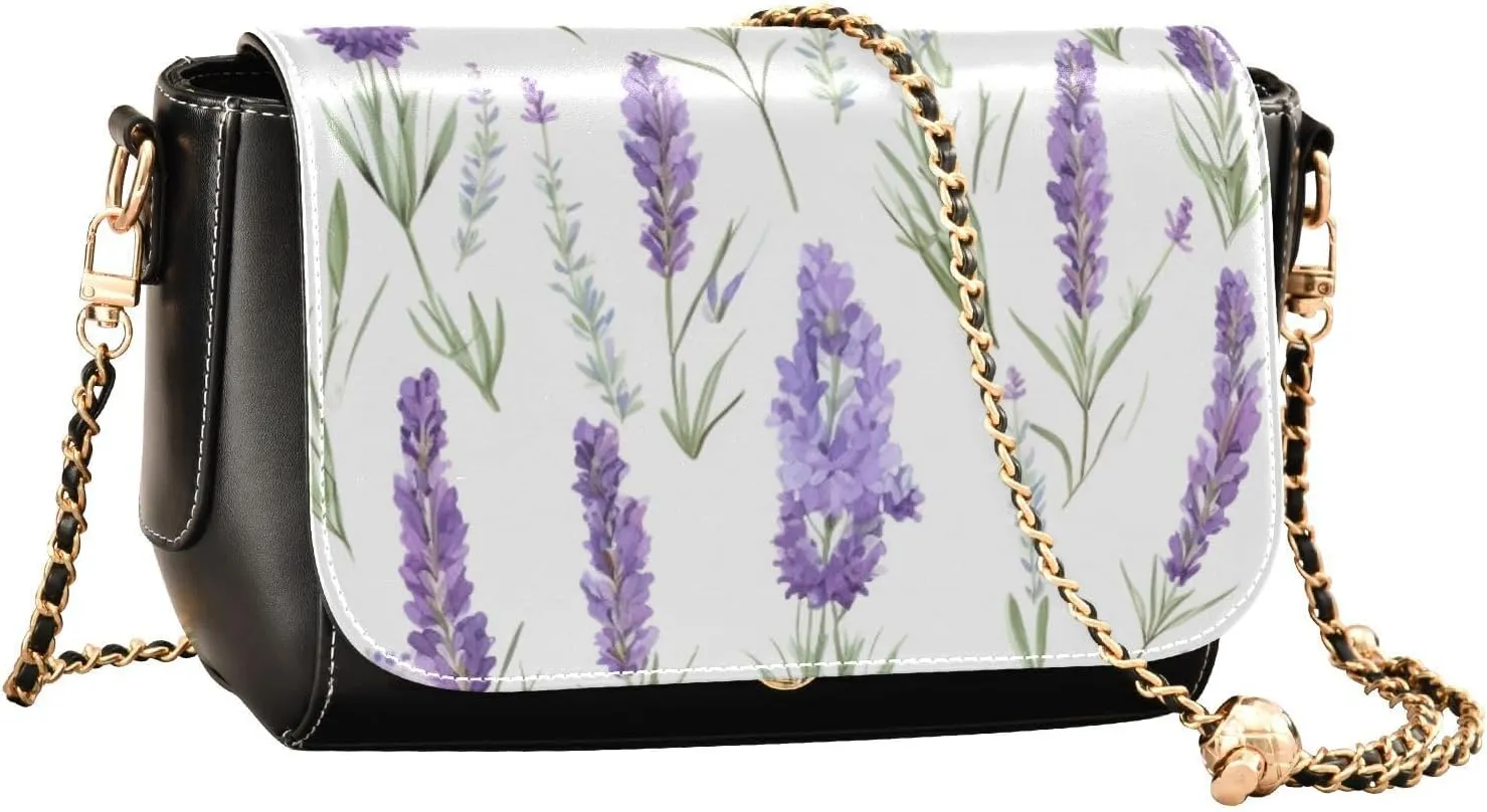 Lavender Flowers on White Leather Crossbody Bags for Women, Leather Crossbody Shoulder Bag, Leather Women Crossbody Bag
