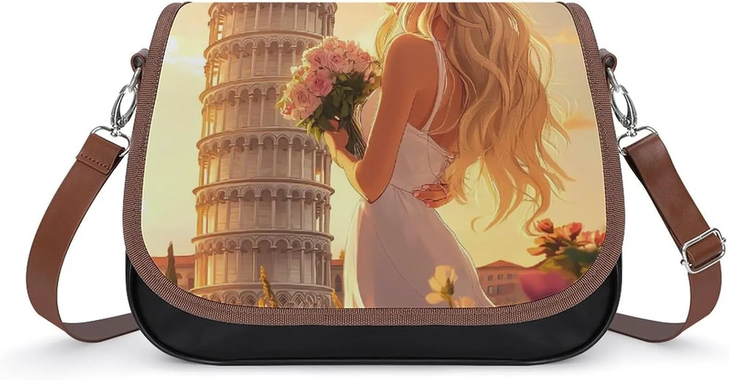 Leaning Tower of Pisa Woman Crossbody Bags PU Leather Purses Shoulder Handbag with Adjustable Shoulder Strap