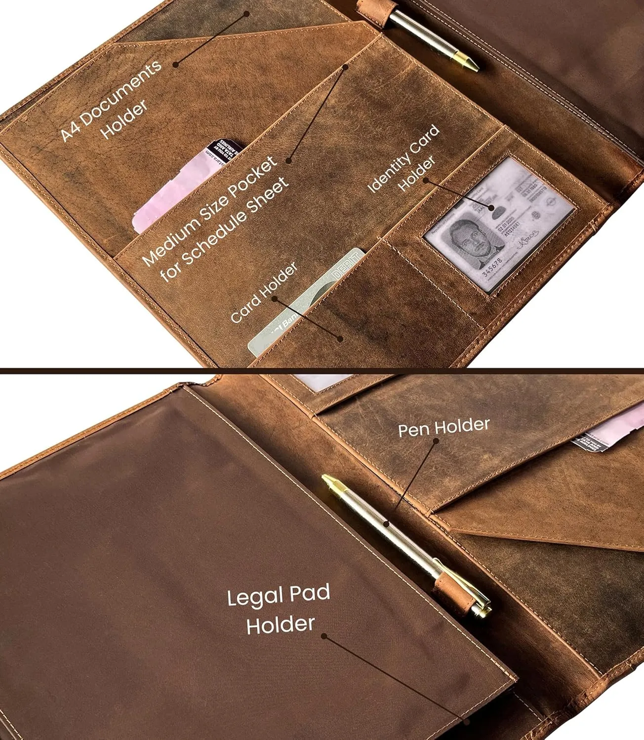 Leather Business Portfolio by Rustic Town | A4 Conference Folder Gift for Men & Women | Handmade Durable Leather Padfolio 3   1 Sleeves for Documents and Notepad