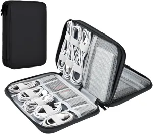 Leather Cord Organizer Waterproof Cable Bag Portable Tech Travel Case for Charger Electronic Accessories (Black, Double Layer-Small)