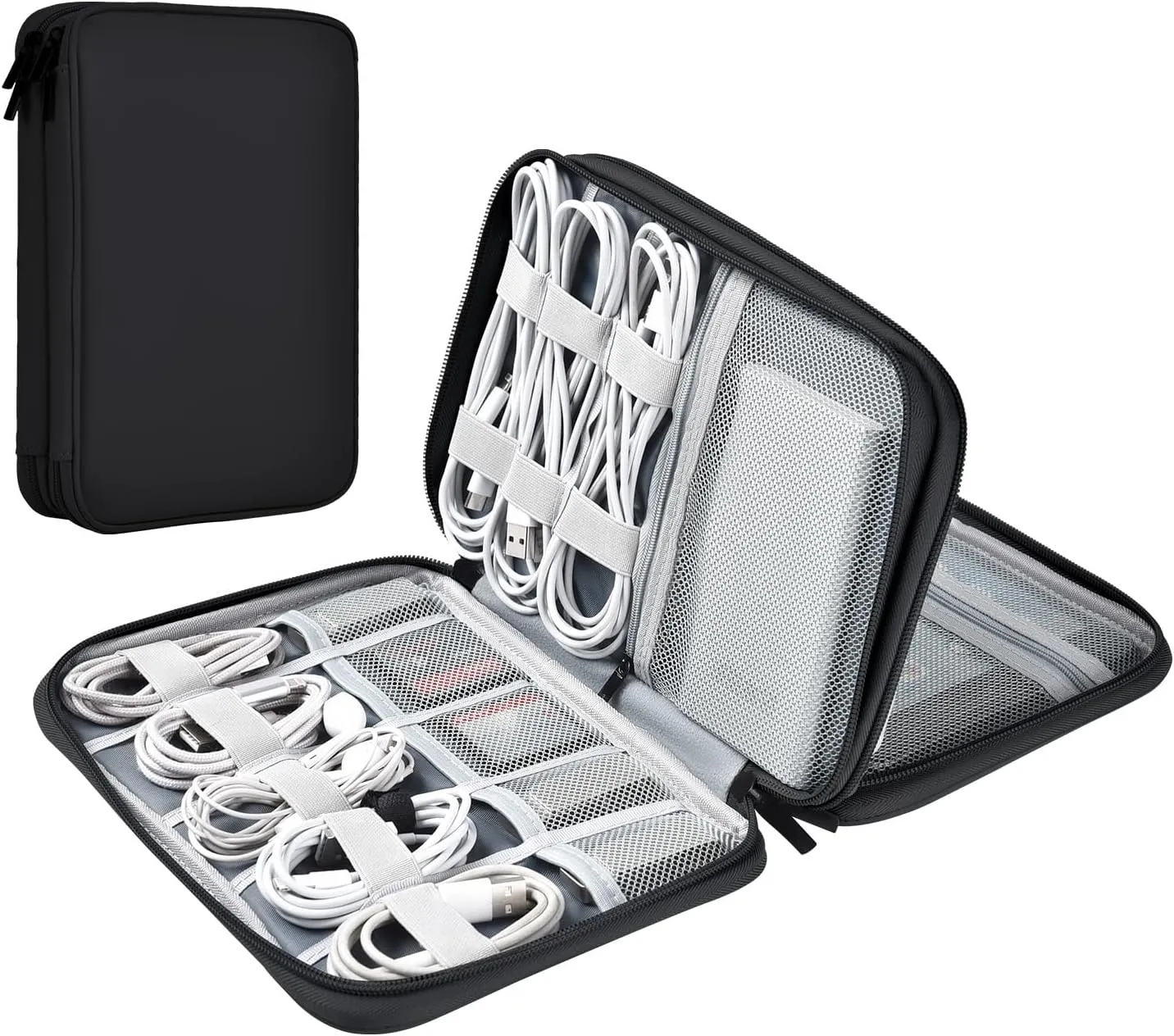 Leather Cord Organizer Waterproof Cable Bag Portable Tech Travel Case for Charger Electronic Accessories (Black, Double Layer-Small)