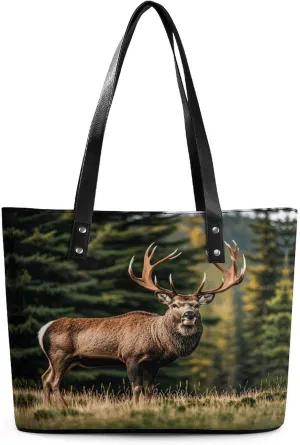 Leather Lady's Handbag Lodge Moose Print Leather Tote Bags For Women Trendy Ladies Shoulder Bag for Work, Travel, Casual Use