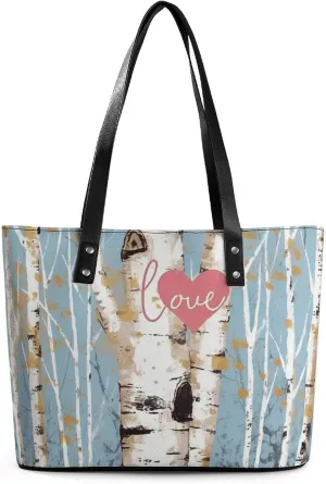 Leather Lady's Handbag, Love Birch Tree Print Women's Leather Tote Bag Leather Shoulder Bag Leather Handbag Chic Leather Handbags