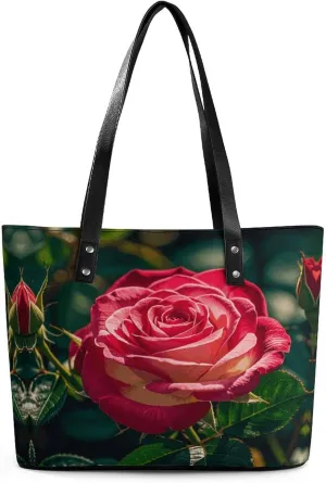Leather Lady's Handbag Rose Petal Print Leather Tote Bags For Women Trendy Ladies Shoulder Bag for Work, Travel, Casual Use