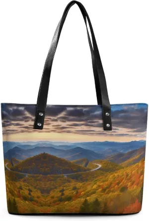 Leather Lady's Handbag,Blue Ridge Parkway Mountains Print Shoulder Bag,Tote Bags for Women, Shoulder Purses,Work Handbags