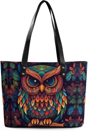 Leather Lady's Handbag,Color Owl Pattern Print Shoulder Bag,Tote Bags for Women, Shoulder Purses,Work Handbags