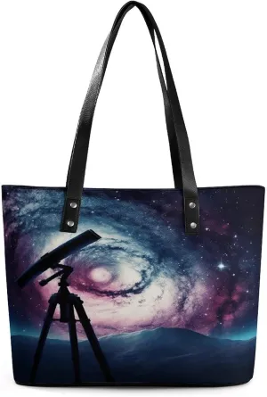 Leather Lady's Handbag,Space Galaxy with Telescope Print Shoulder Bag,Tote Bags for Women, Shoulder Purses,Work Handbags