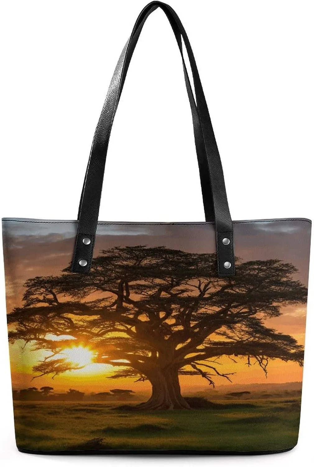 Leather Lady's Handbag,Sunrise on Big Tree Print Shoulder Bag,Tote Bags for Women, Shoulder Purses,Work Handbags