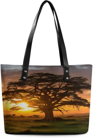 Leather Lady's Handbag,Sunrise on Big Tree Print Shoulder Bag,Tote Bags for Women, Shoulder Purses,Work Handbags