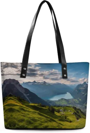 Leather Lady's Handbag,Switzerland Alps Print Shoulder Bag,Tote Bags for Women, Shoulder Purses,Work Handbags