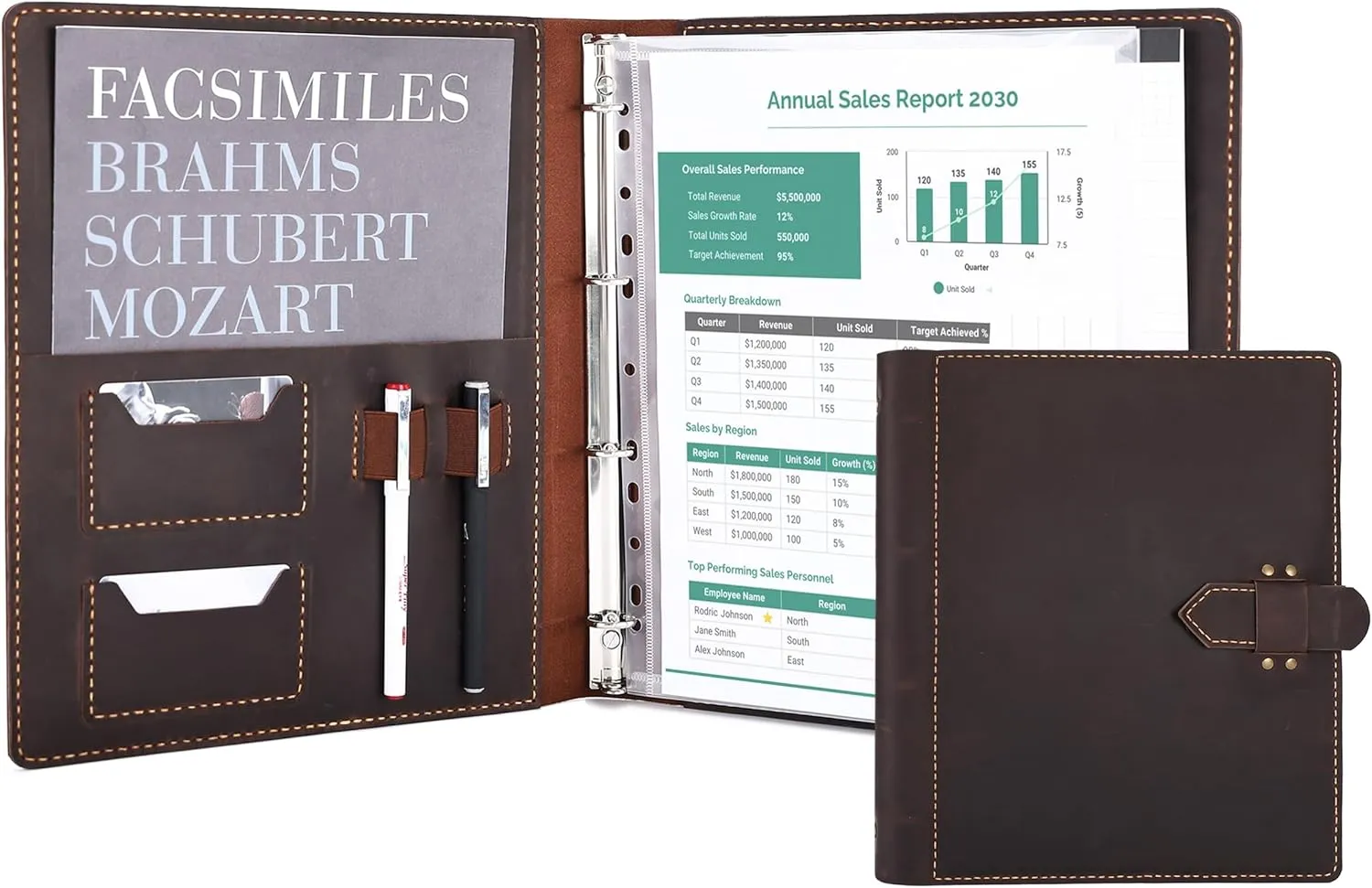 Leather Portfolio Binder Resume Folder 3-Ring Organizer - Handmade Genuine Cowhide Padfolio for Men Women Large Capacity Holds A4 Files Business Card Holder Pen Slots for Interview Conference(D.Brown)