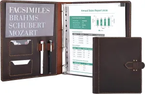 Leather Portfolio Binder Resume Folder 3-Ring Organizer - Handmade Genuine Cowhide Padfolio for Men Women Large Capacity Holds A4 Files Business Card Holder Pen Slots for Interview Conference(D.Brown)