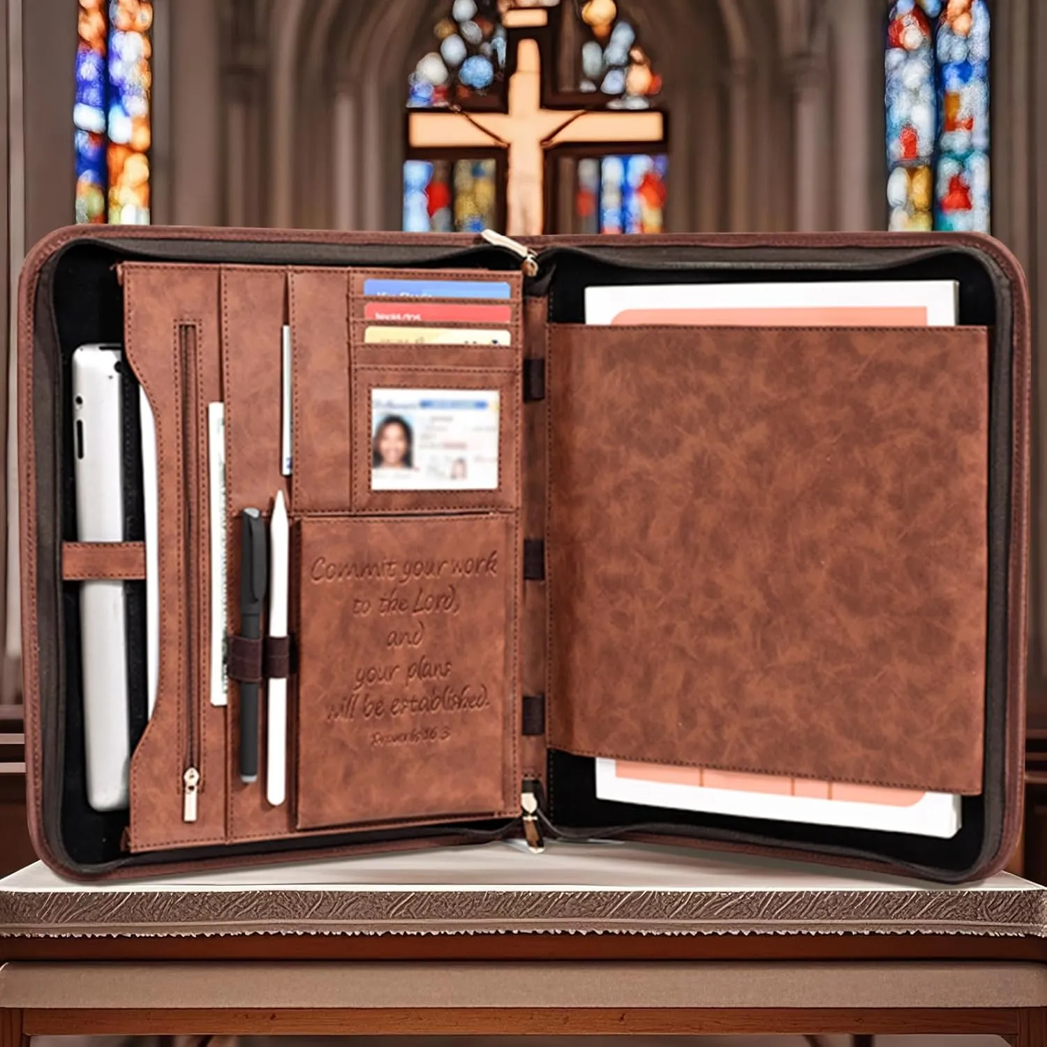 Leather Portfolio with Bible Proverbs, Father's Day Christian Catholic Gifts for Men and Women, Pastor's Appreciation Gifts Leather Scripture Proverbs Portfolio