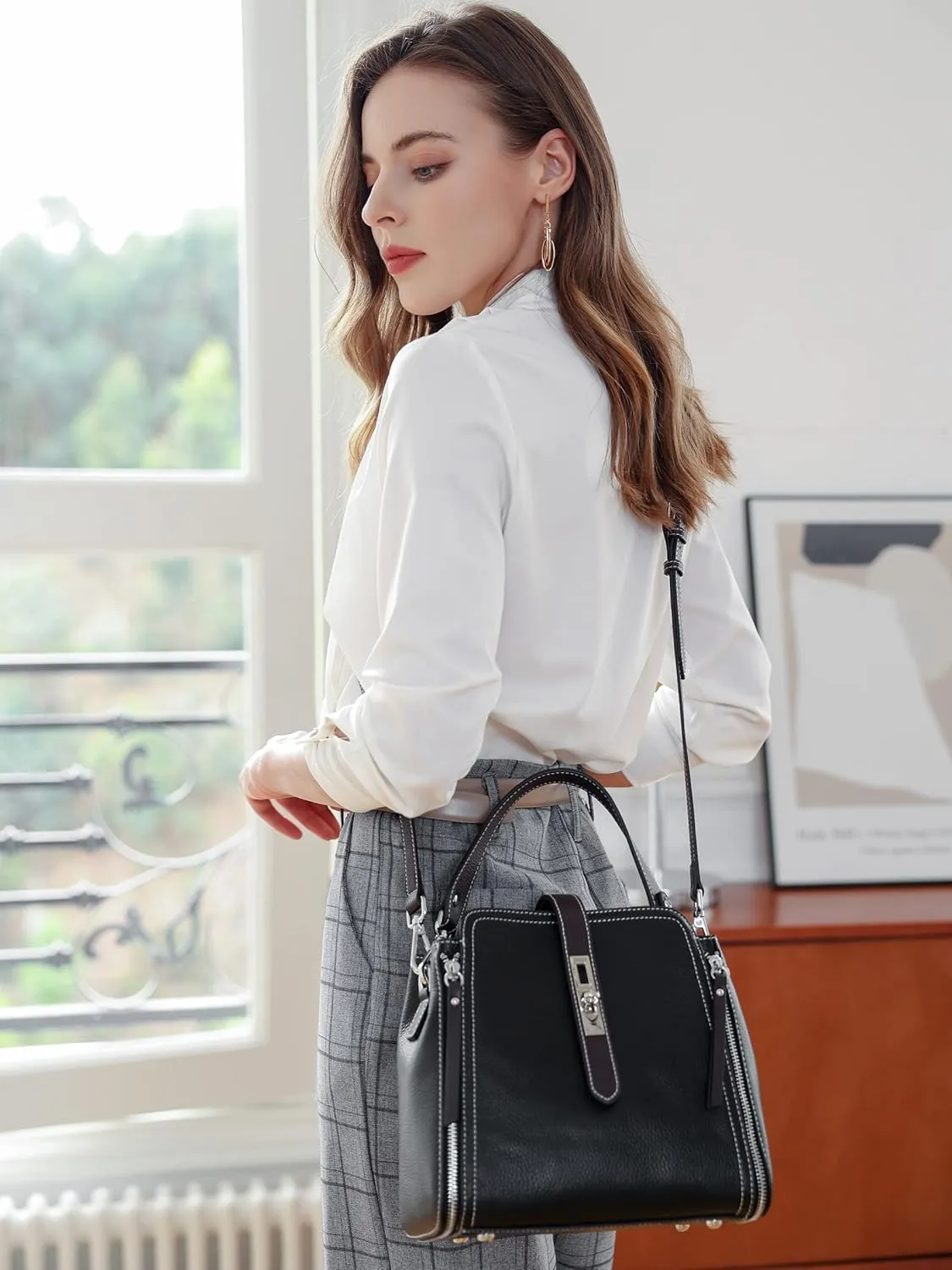 Leather Purses and Handbags Shoulder Bags Satchel Purses Ladies Pocketbook Bag Designer Crossbody Bags (Black)