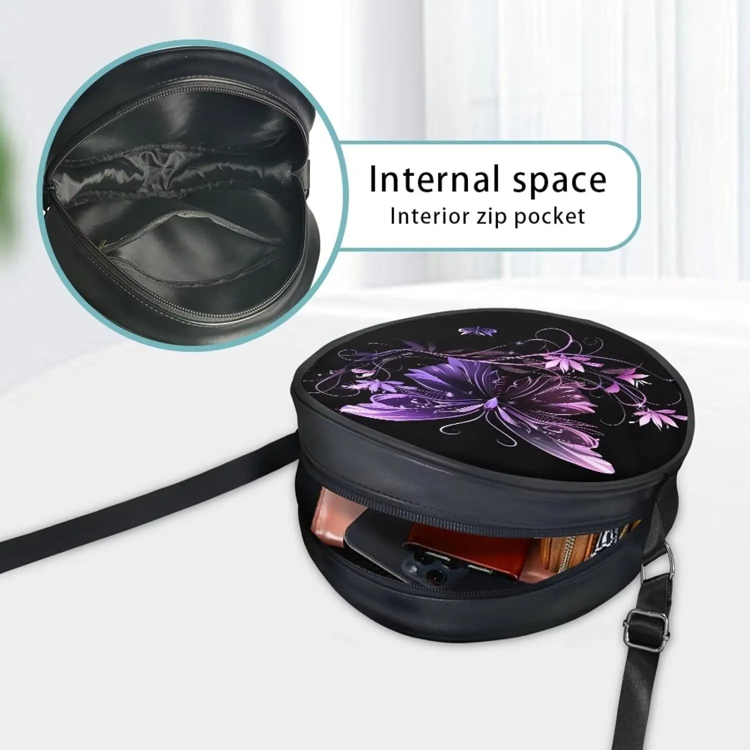 Leather Round Purse for Women Shoulder Crossbody Bag, Zipper Small Circle Wallet with Adjustable Strap