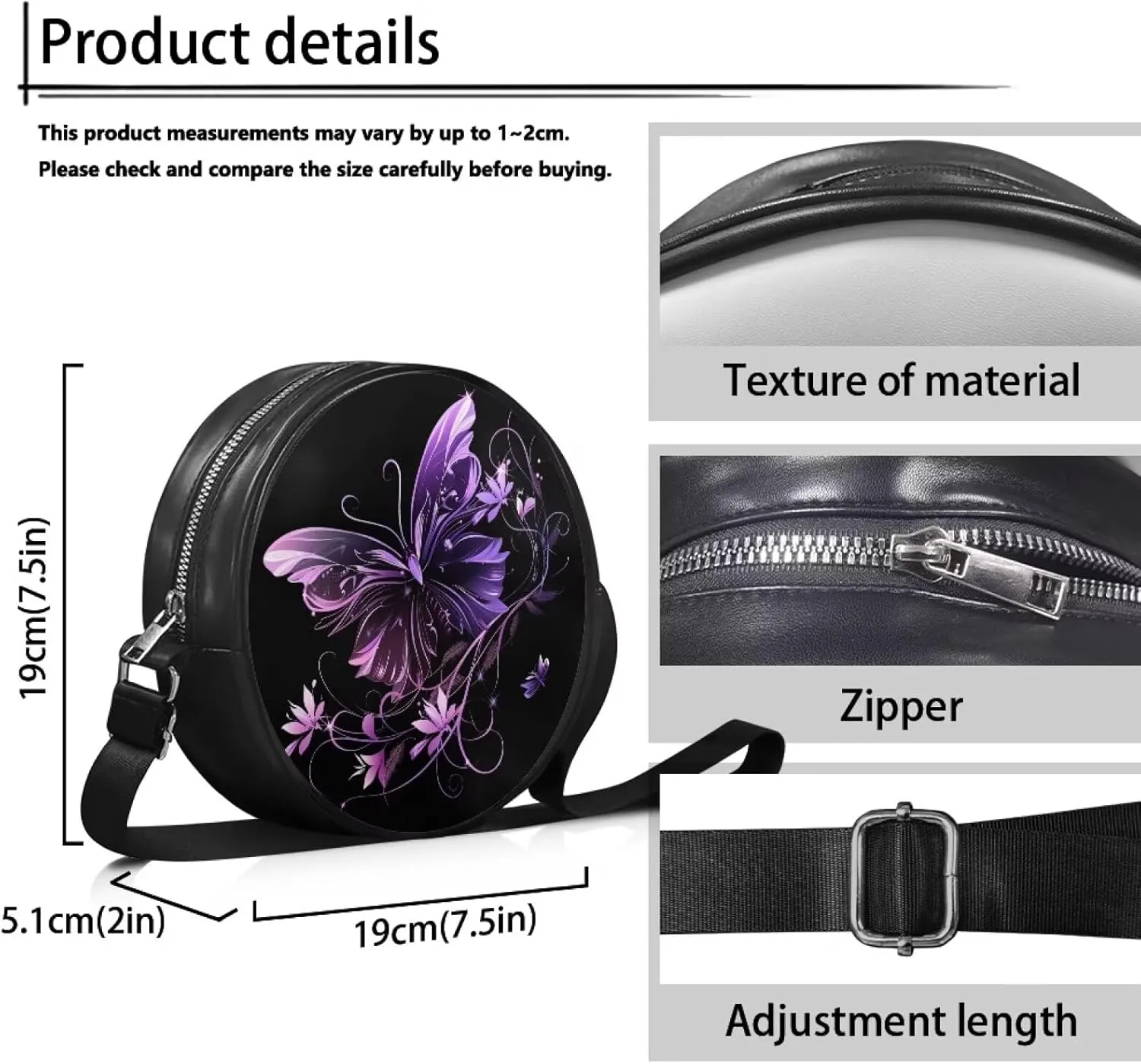 Leather Round Purse for Women Shoulder Crossbody Bag, Zipper Small Circle Wallet with Adjustable Strap