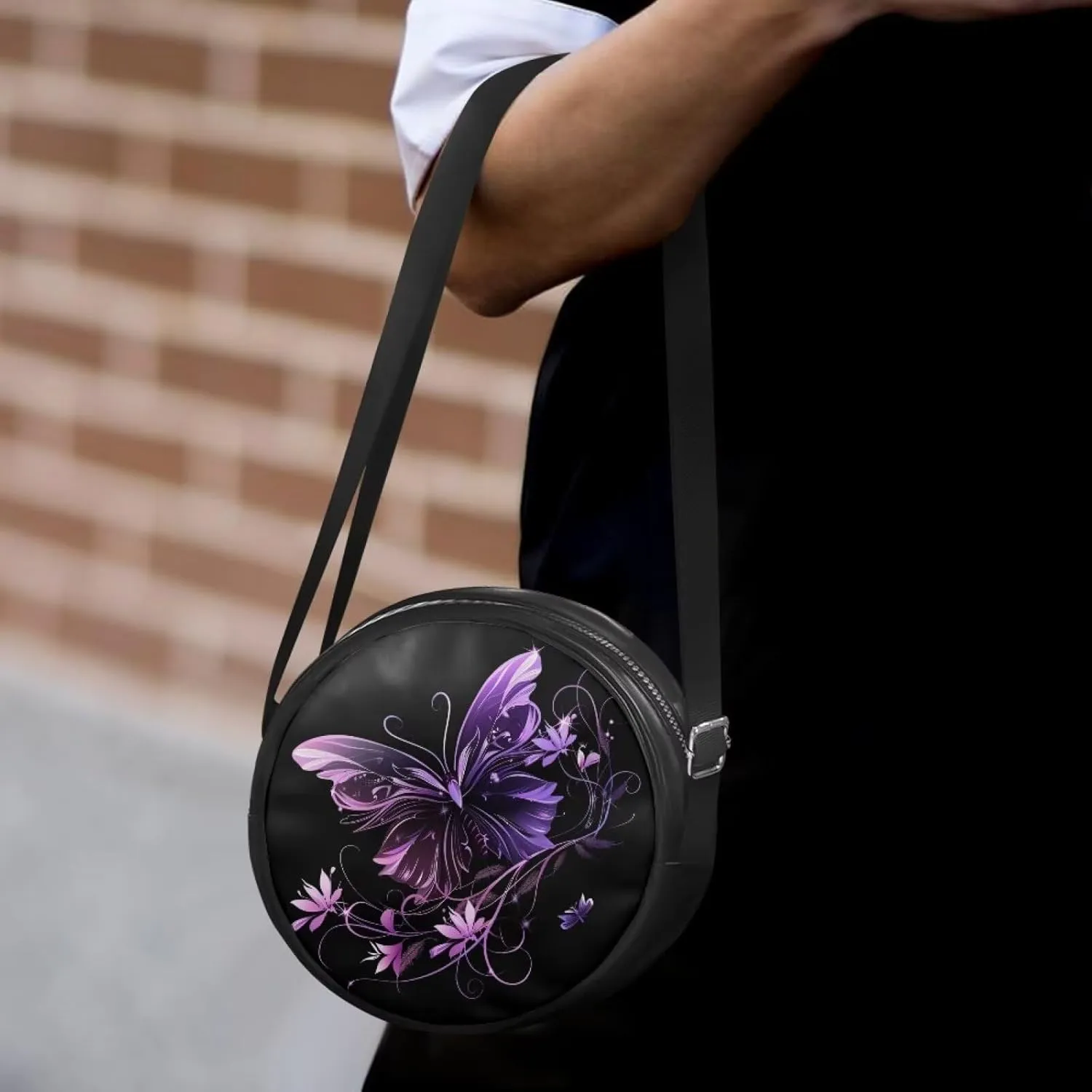 Leather Round Purse for Women Shoulder Crossbody Bag, Zipper Small Circle Wallet with Adjustable Strap