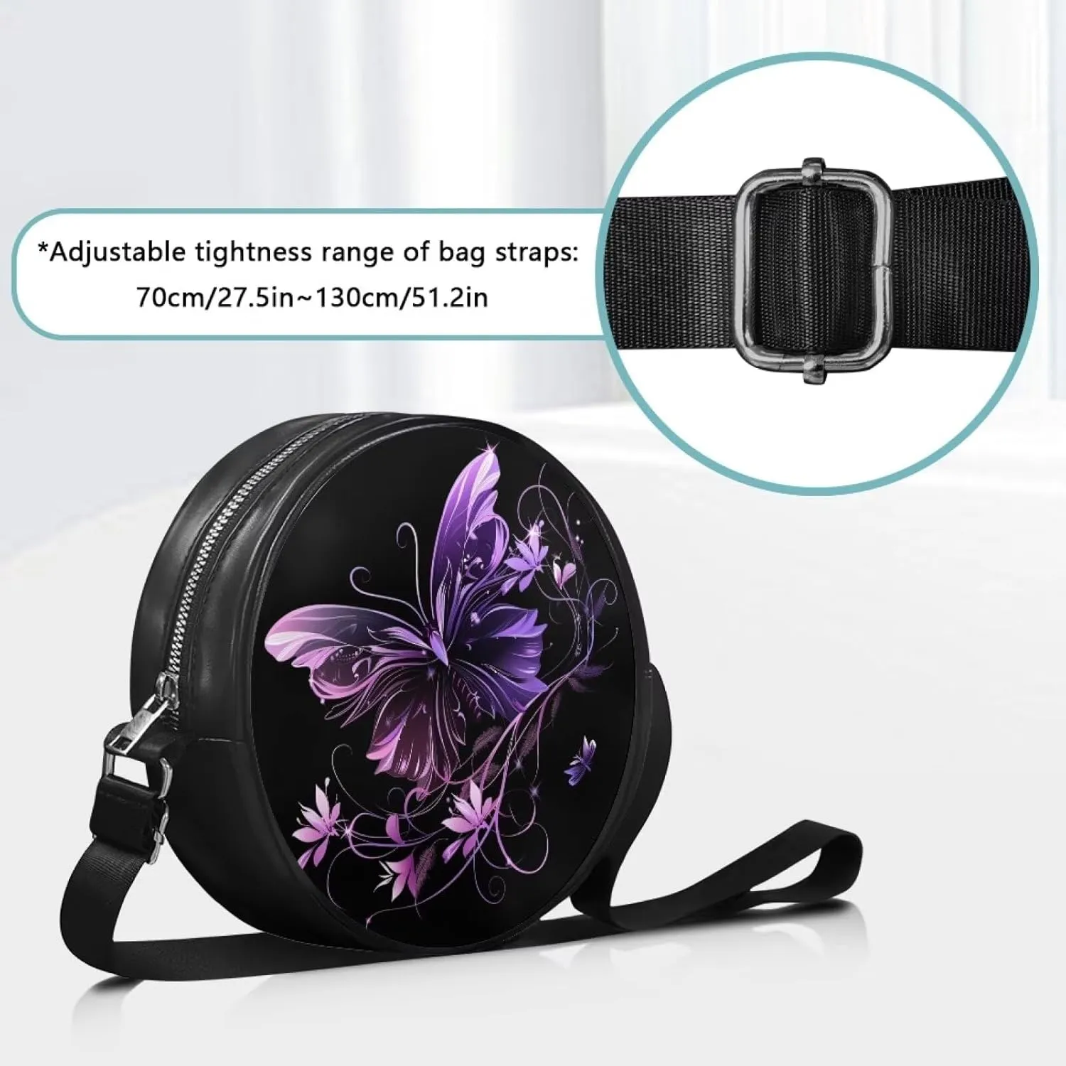 Leather Round Purse for Women Shoulder Crossbody Bag, Zipper Small Circle Wallet with Adjustable Strap