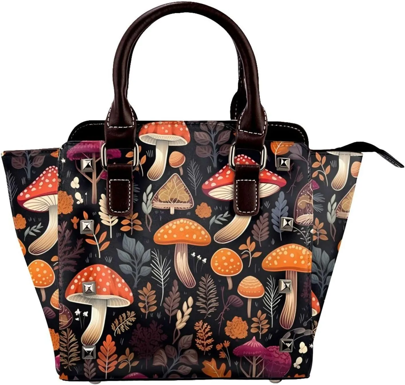 Leather Shoulder Bag for Women, Autumn Mushroom Leaves Studded Purse Fern Leaves Berry Crossbody Handbags Punk Hobo Bag with Adjustable Strap