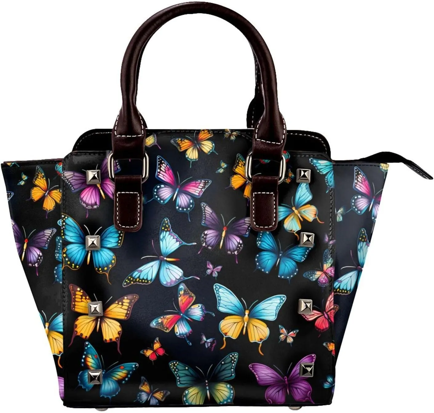 Leather Shoulder Bag for Women, Butterfly Studded Purse Colorful Bird Crossbody Handbags Punk Hobo Bag with Adjustable Strap