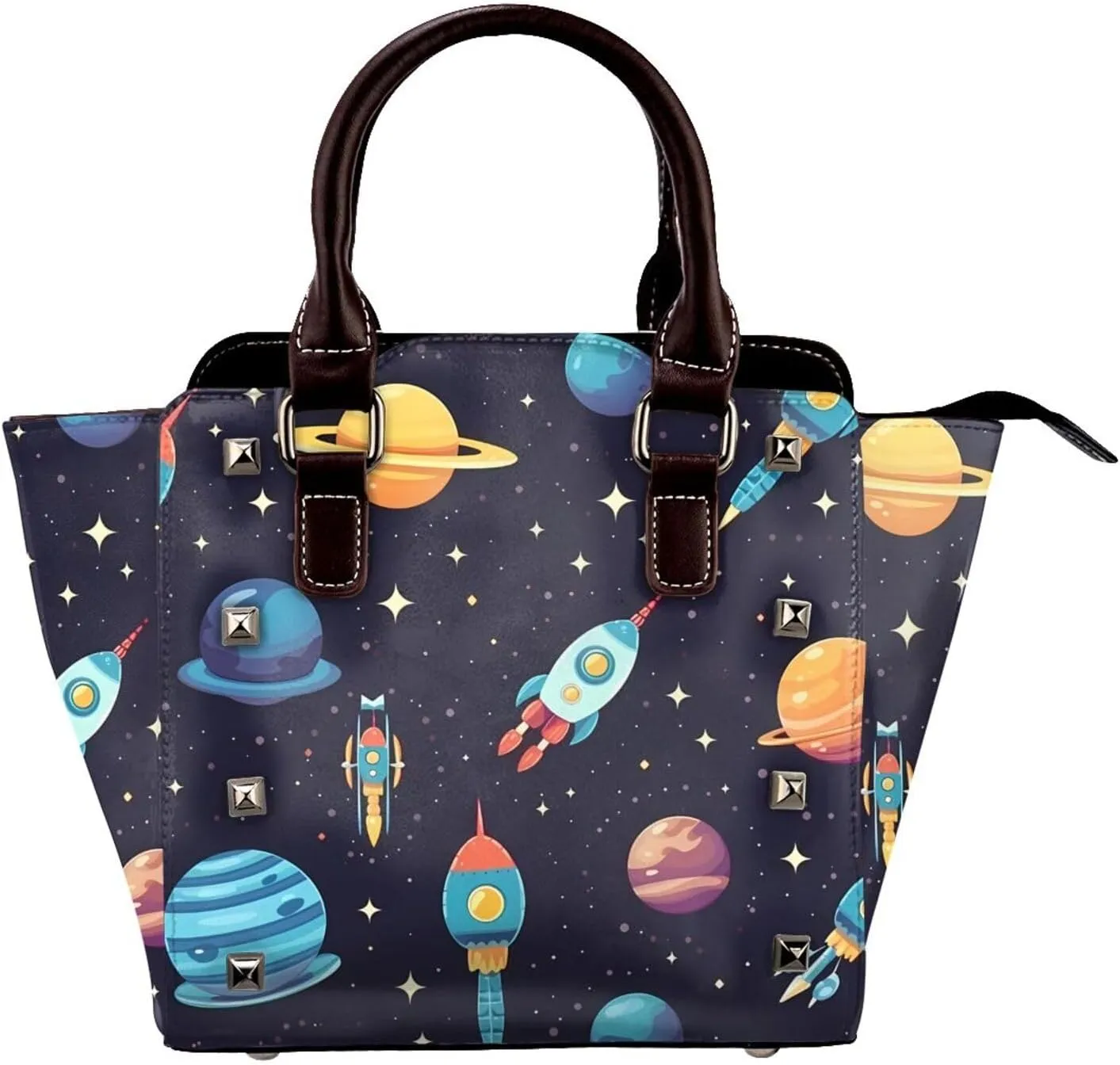 Leather Shoulder Bag for Women, Cartoon Rockets Planets Studded Purse Space Comets Crossbody Handbags Punk Hobo Bag with Adjustable Strap