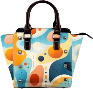 Leather Shoulder Bag for Women, Geometric Abstract Studded Purse Minimalist Boho Crossbody Handbags Punk Hobo Bag with Adjustable Strap