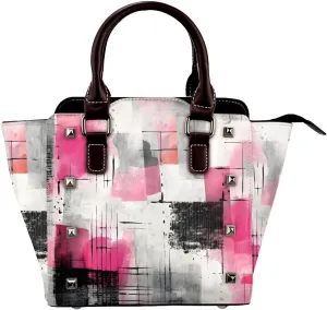 Leather Shoulder Bag for Women, Pink Black Abstract Studded Purse Minimalist Modern Art Crossbody Handbags Punk Hobo Bag with Adjustable Strap