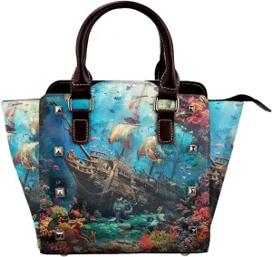 Leather Shoulder Bag for Women, Shipwreck Under The Sea Studded Purse Ocean Coral Crossbody Handbags Punk Hobo Bag with Adjustable Strap