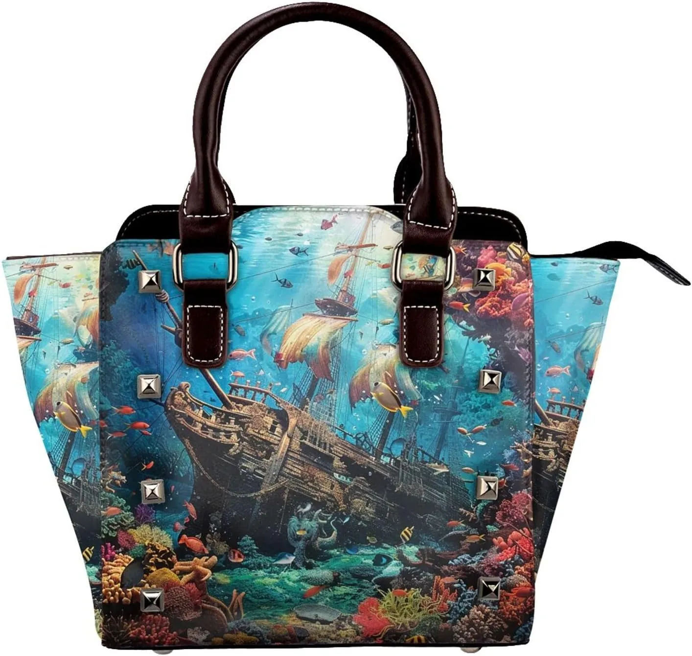 Leather Shoulder Bag for Women, Shipwreck Under The Sea Studded Purse Ocean Coral Crossbody Handbags Punk Hobo Bag with Adjustable Strap
