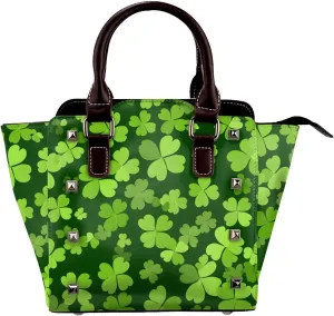 Leather Shoulder Bag for Women, Spring Shamrock Studded Purse Green Clover Crossbody Handbags Punk Hobo Bag with Adjustable Strap