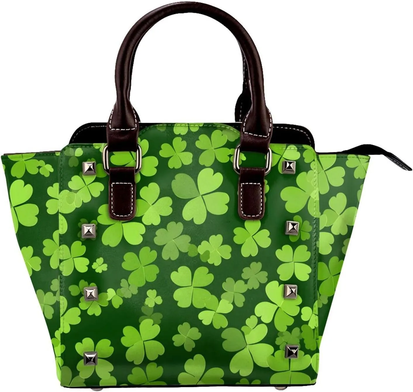 Leather Shoulder Bag for Women, Spring Shamrock Studded Purse Green Clover Crossbody Handbags Punk Hobo Bag with Adjustable Strap