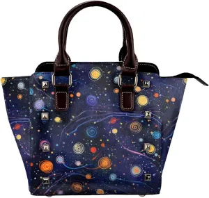 Leather Shoulder Bag for Women, Universe Planet Studded Purse Space Nebula Crossbody Handbags Punk Hobo Bag with Adjustable Strap