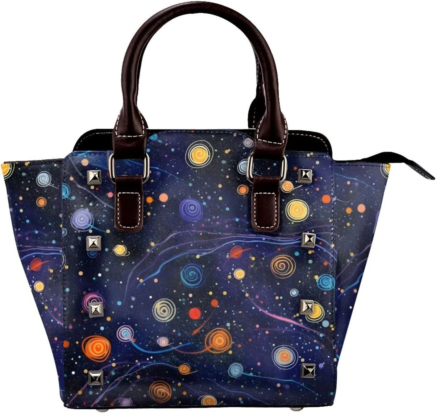 Leather Shoulder Bag for Women, Universe Planet Studded Purse Space Nebula Crossbody Handbags Punk Hobo Bag with Adjustable Strap