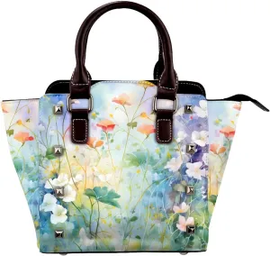 Leather Shoulder Bag for Women, Watercolor Flower Studded Purse Spring Floral Crossbody Handbags Punk Hobo Bag with Adjustable Strap