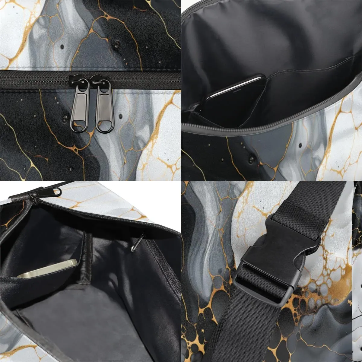 Leather Travel Duffle Bag for Women Men, Black Abstract Marble Small Sports Gym Bag Weekender Overnight Bags Underseat Carry on Luggage Bags for Airplanes, Personal Item Travel Bag,B-129