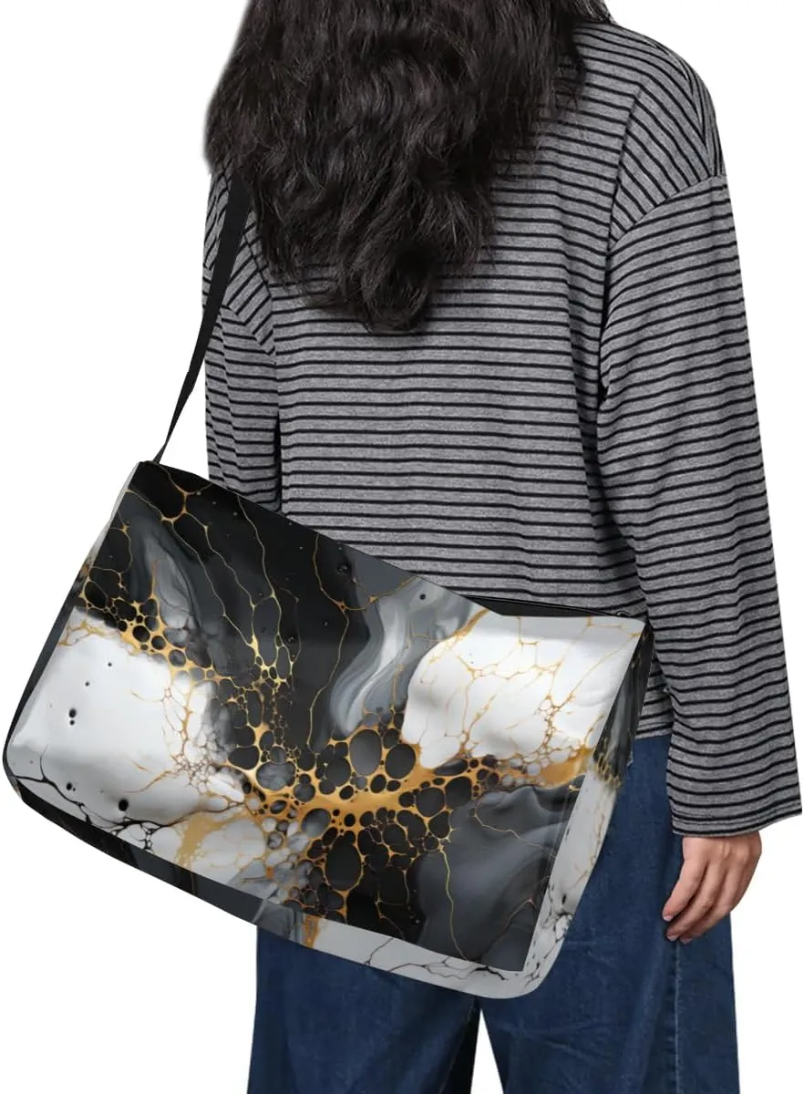 Leather Travel Duffle Bag for Women Men, Black Abstract Marble Small Sports Gym Bag Weekender Overnight Bags Underseat Carry on Luggage Bags for Airplanes, Personal Item Travel Bag,B-129