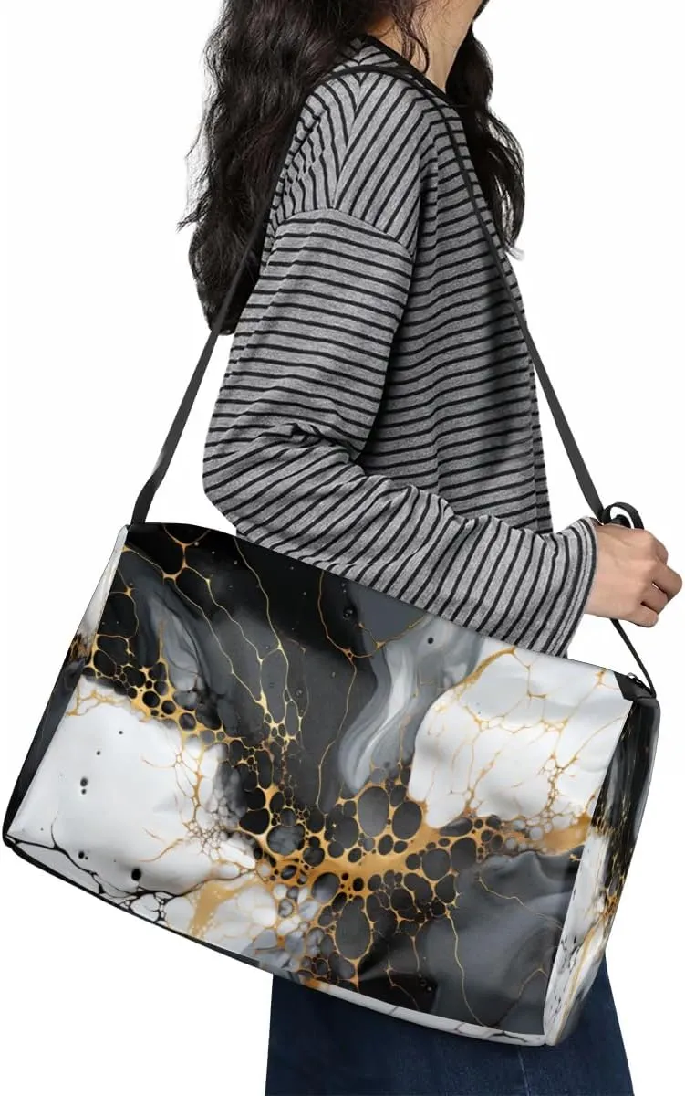 Leather Travel Duffle Bag for Women Men, Black Abstract Marble Small Sports Gym Bag Weekender Overnight Bags Underseat Carry on Luggage Bags for Airplanes, Personal Item Travel Bag,B-129