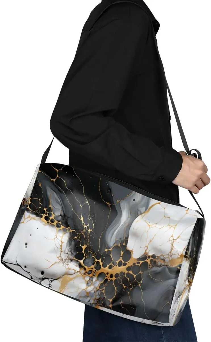 Leather Travel Duffle Bag for Women Men, Black Abstract Marble Small Sports Gym Bag Weekender Overnight Bags Underseat Carry on Luggage Bags for Airplanes, Personal Item Travel Bag,B-129