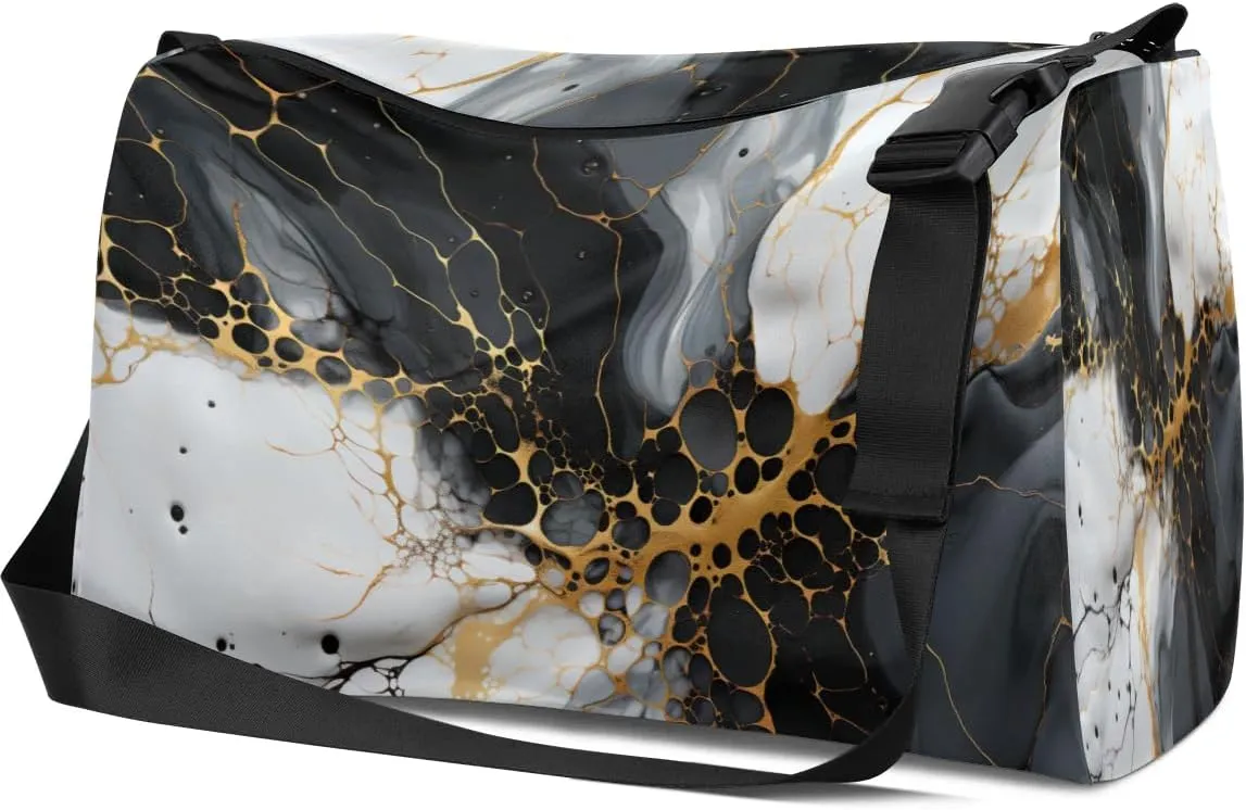Leather Travel Duffle Bag for Women Men, Black Abstract Marble Small Sports Gym Bag Weekender Overnight Bags Underseat Carry on Luggage Bags for Airplanes, Personal Item Travel Bag,B-129