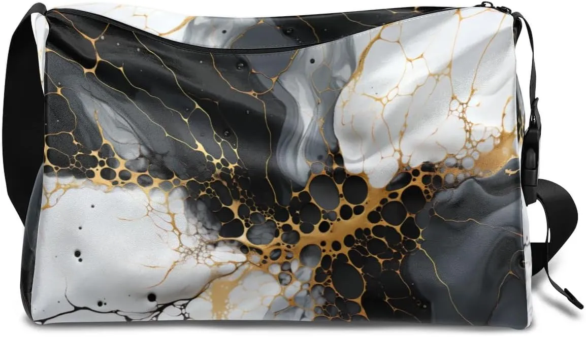 Leather Travel Duffle Bag for Women Men, Black Abstract Marble Small Sports Gym Bag Weekender Overnight Bags Underseat Carry on Luggage Bags for Airplanes, Personal Item Travel Bag,B-129