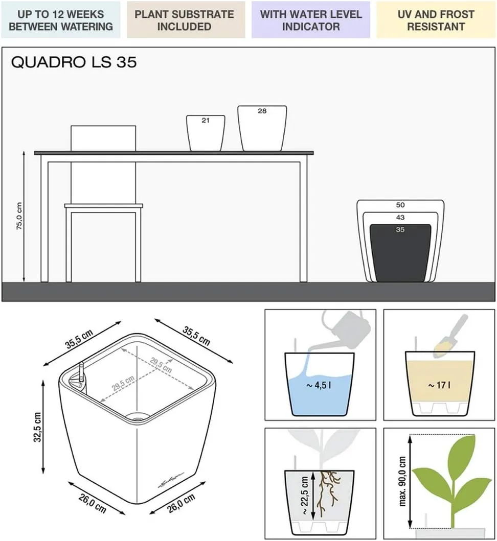Lechuza Self Watering Plant Pot Quadro LS 35 Garden Flower Indoor and Outdoor Plastic Planter with Drainage Hole H33 L35 W35 cm White High-Gloss